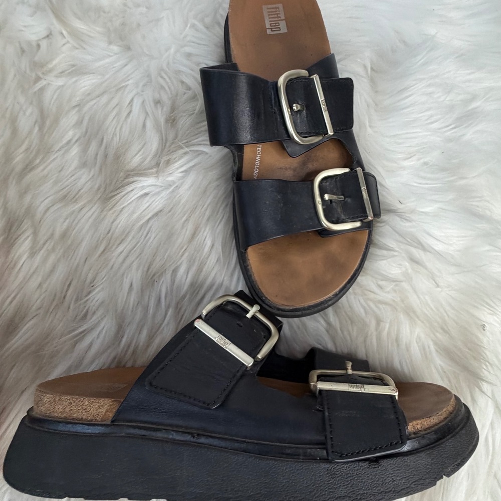 FitFlop Pilar Leather Buckle Platform Slides Black HE8-001 US 8